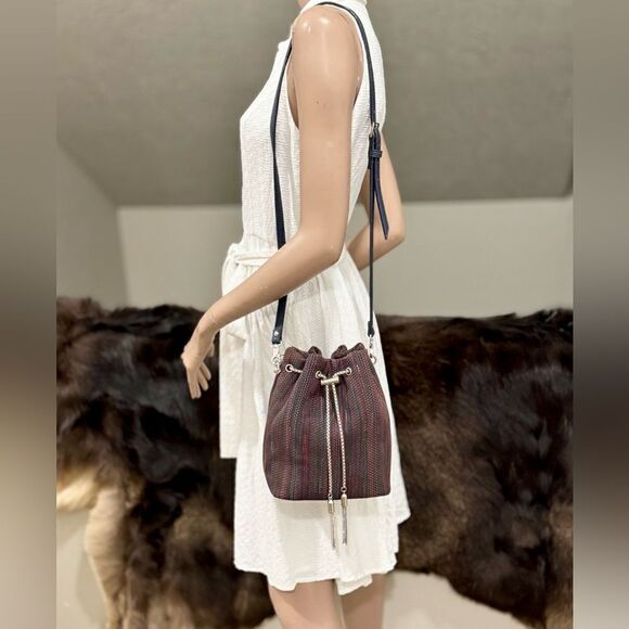 Colorful Stripe  Genuine Woven Leather Drawstring Bucket Bag & 3 Strap Styles - Picture 11 of 16
